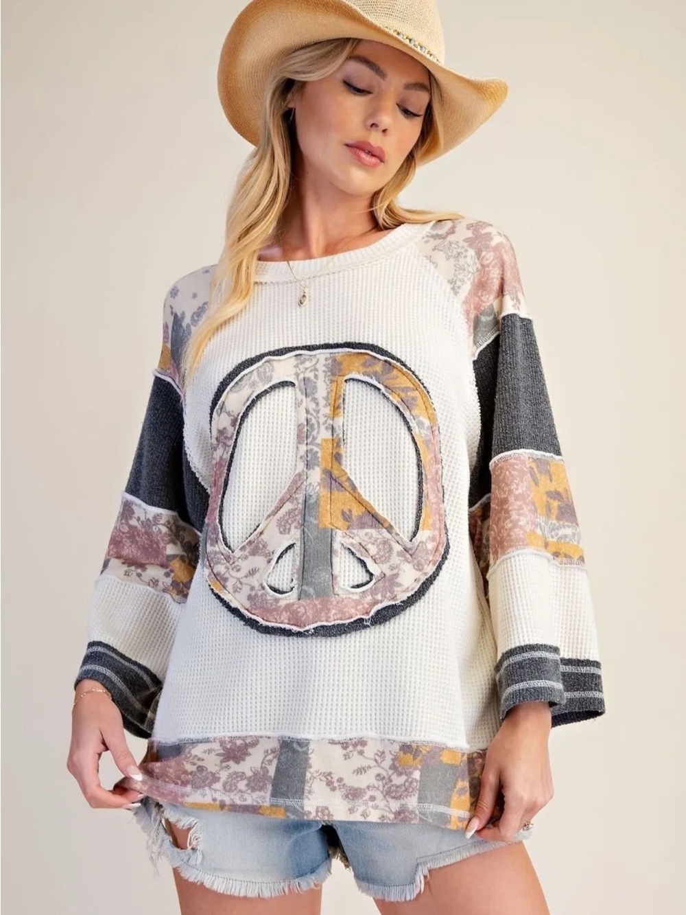 easel Ivory Waffle Knit Peace Sign Patchwork Pullover